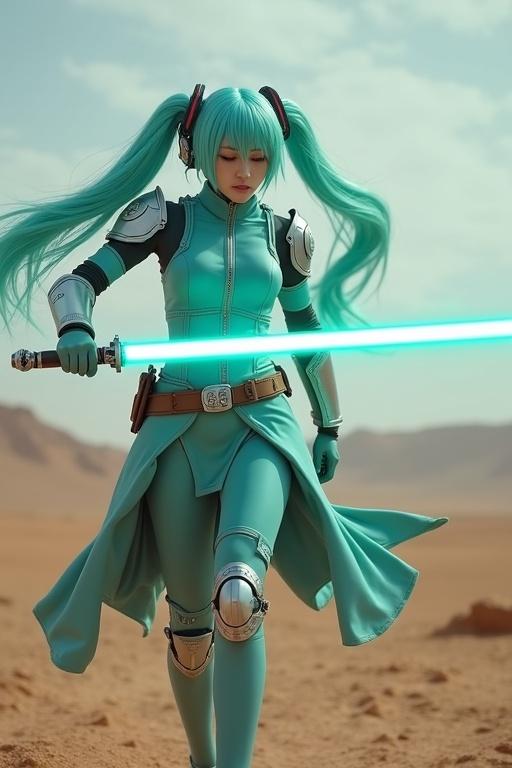 Character in turquoise jedi armor holds a turquoise lightsaber. The scene depicts a dance on an expansive battlefield with a desert backdrop.