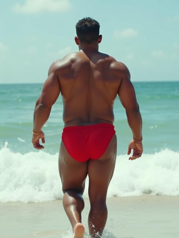 Young muscular male walking on the beach. Red bikini contrasts with ocean. Shot taken in cinematic style. Realistic appearance. Bright sunny day.