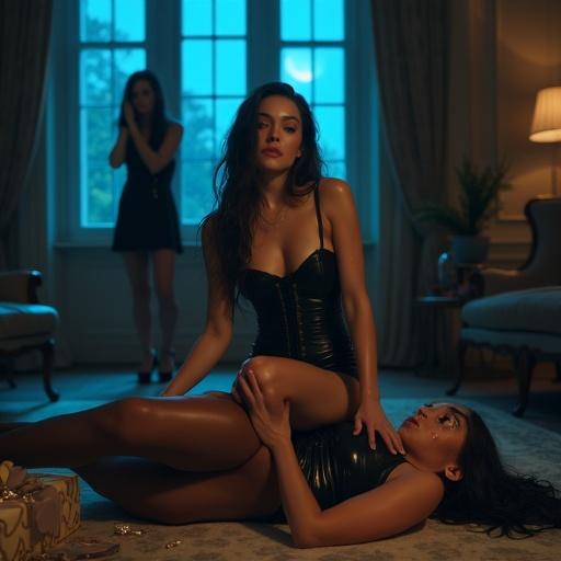 A dramatic cinematic scene inside a luxurious living room. A powerful woman in her forties in a black corset and leather minidress sitting on another woman on the floor. The exhausted woman lies beneath her. A young shocked woman stands in the shadows. An opened gift box with torn wrapping paper is nearby. The atmosphere is intense and elegant, lit by blue moonlight. The style showcases cinematic realism and dramatic lighting.