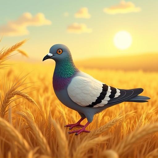 Anthropomorphic pigeon harvesting wheat in golden fields with a medieval fantasy background. Cartoon style illustration.