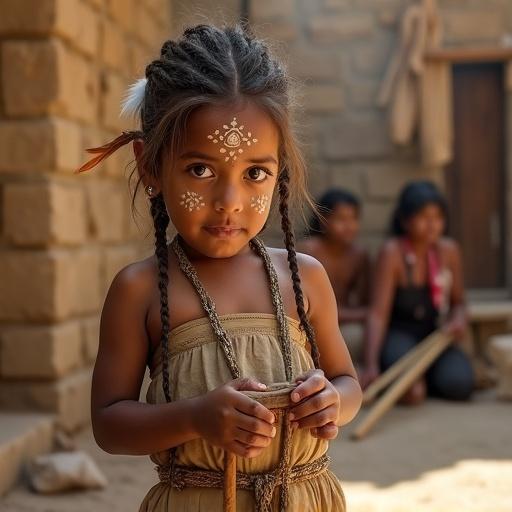 A close-up portrait of a young girl with painted caste markings. Her hair has braids and beads. She is wearing a linen tunic and holding a wooden carving. The background shows adults and tools, with soft blurring.