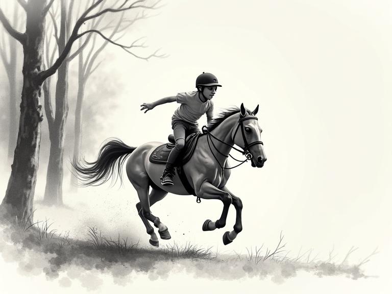 Young rider zooms past trees with joyful expression. Fast and energetic motion depicted. Charcoal lines with minimal color wash bring focus to dynamic action.