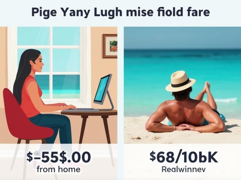 Side-by-side images of work and leisure. Left side shows a person working from home. Right side shows a man relaxing on the beach. Income ranges are displayed. Visual contrasts productivity and relaxation.