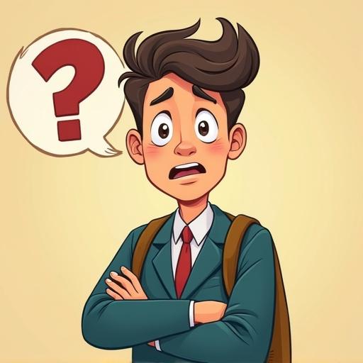 Cartoon style image of a university student showing doubt while asking a question. The student has a questioning expression. He is wearing formal clothing with a backpack.