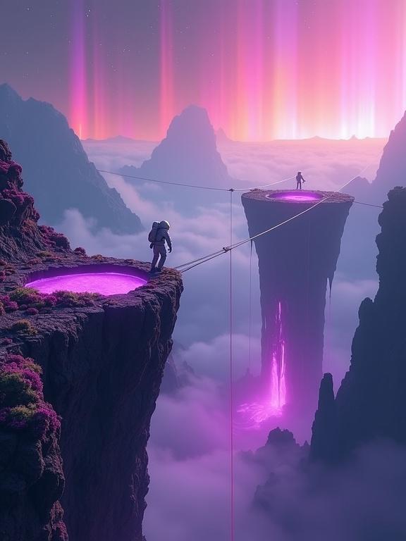 Astronaut climbs a zipline between levitating volcanic craters. Purple magma erupts. Space corals cling to rocky walls. Multicolored aurora blurs the horizon.