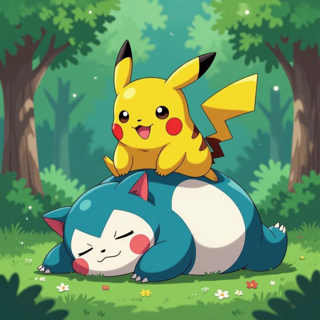 Pikachu jumps on the head of a sleeping Snorlax in a lush green forest. Joyful expression on Pikachu's face. Snorlax resting peacefully. Vibrant colors. Cheerful mood.