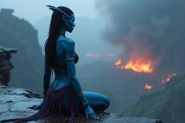 A tall Na'vi female character, blue skin, high cheekbones, glowing stripes, soaked with rain, kneels on wet stone, looking at a burning wasteland. Her tattered clothing gives a sense of loss. Emotional expression of grief as her paradise is gone.