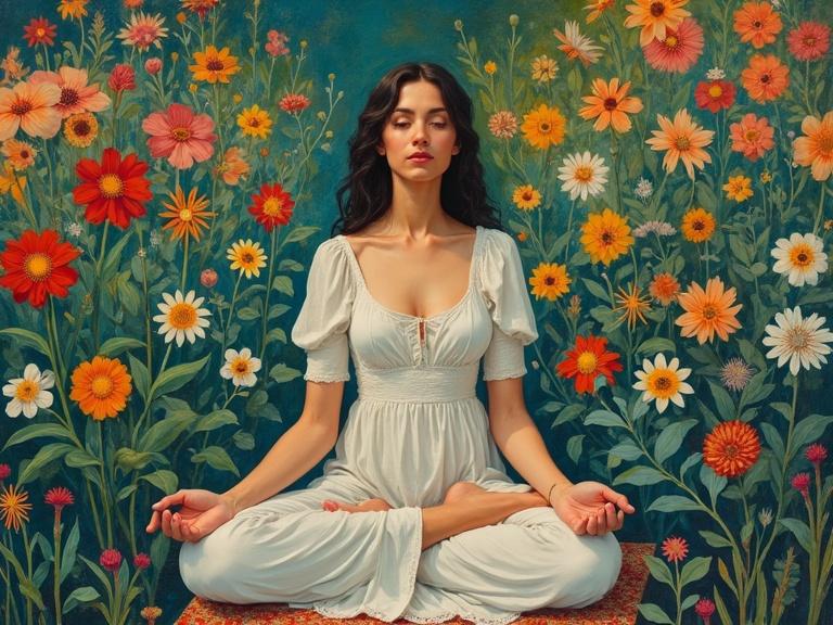A woman sits cross-legged in a vibrant floral garden surrounded by colorful flowers. She is in a meditative pose. The artwork reflects spiritual symbolism reminiscent of Gauguin and the forms of Cézanne.