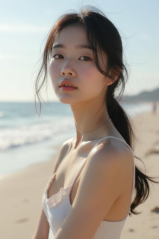 Upper body portrait of a woman at the beach during morning. Natural light highlighting features. Relaxed atmosphere and soft waves in the background.