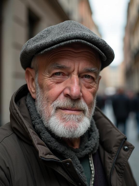 Portly elderly man with gray beard and cap. Outdoor environment with urban backdrop.