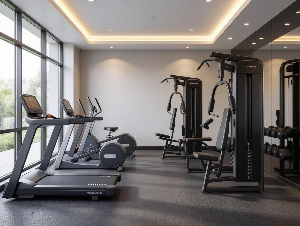 Luxurious compact gym interior designed with clean and minimalist aesthetics. Features floor-to-ceiling window on the left side allowing natural light. Includes 8 different fitness machines: treadmill elliptical stationary bike rowing machine chest press lat pulldown leg press and a bench with dumbbells. All machines are matte black and silver with realistic textures. The gym is spacious with rubberized flooring and a mirrored wall creating an uncluttered ambiance. The ceiling has warm recessed lighting enhancing the calm atmosphere. No people present.