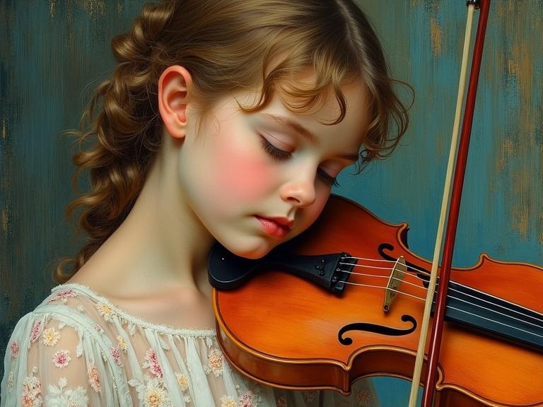 Little girl gracefully playing the violin with textured brushstrokes emphasizing her artistic expression and musical connection.