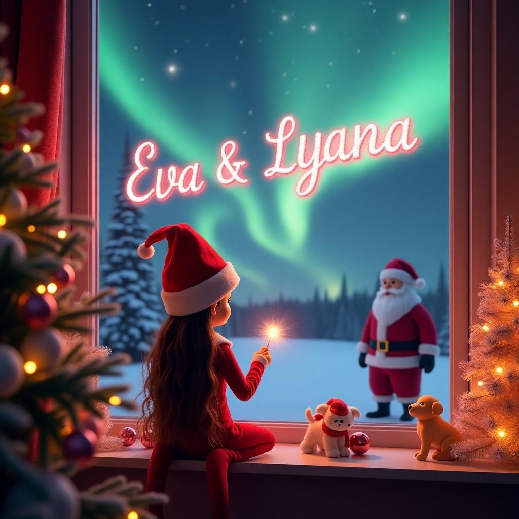 Cheerful elf dressed in red writing names in sparkling light. Santa Claus in the background. Window decorated for Christmas with twinkling lights and a puppy. Cozy, festive atmosphere.