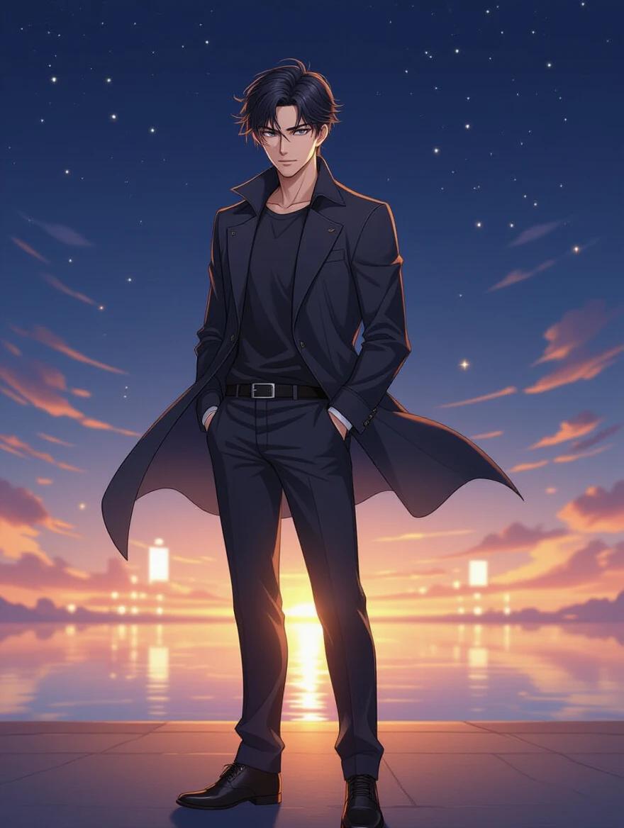 Full-body vertical illustration of a 34-year-old man standing at night. Rendered in refined anime style. Slim medium-tall build with composed posture. Dark thick wavy hair framing face. Light skin illuminated by warm and cool lighting. Wearing a long dark coat and pale shirt with a casually knotted tie. Scene evokes a quiet moonlit night with an arched window revealing deep blue sky. Timeless solitude waiting for something beyond the frame.