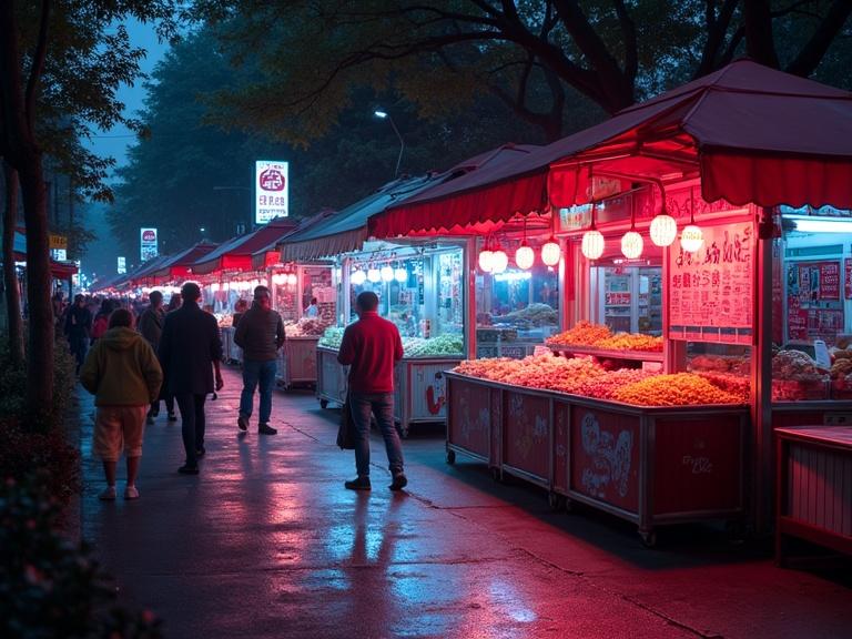 Street vendors line the street under glowing neon lights. Food stalls are brightly lit with red and white decorations. Shoppers stroll along the pathway, enjoying the vibrant atmosphere.