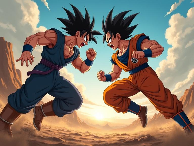 Artwork showing Goku and Vegeta facing off in a determined stance. Both characters have distinct hairstyles and outfits. Desert landscape with a scenic sunset in the background.