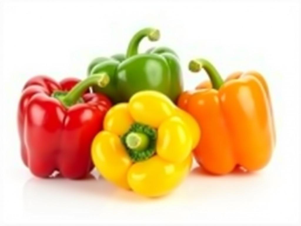 The image features four colorful bell peppers arranged together. There are red, green, orange, and yellow peppers, showing a vibrant assortment of colors. Each pepper is distinctly shaped with its characteristic rounded body and stem. The background is white, emphasizing the freshness and bright colors of the peppers. The arrangement creates a visually appealing display, perfect for showcasing a healthy lifestyle or adding color to a dish.