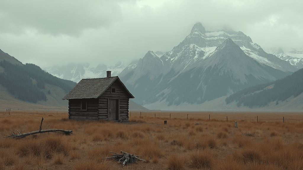 A solitary log cabin stands amid a vast, misty mountain valley with towering peaks and golden grasses.