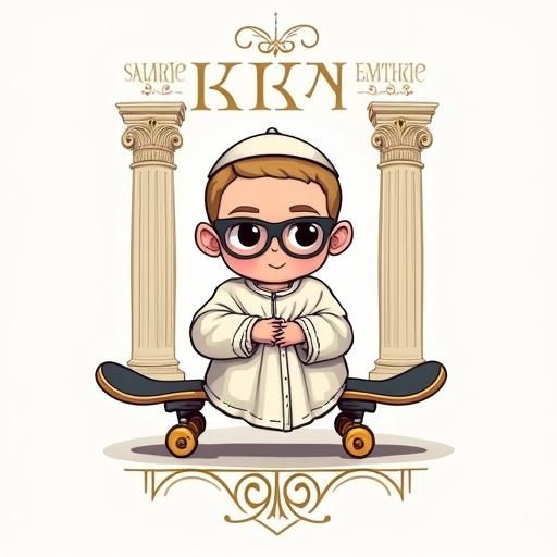 High-resolution design for t-shirt prints. Features chibi-style Pope Leon XIV in white habit. Skateboard as a base. Surrounding elements include Roman pillars and ornamental borders. Text is 'Pope_Leon_XIV' in embossed gold style.