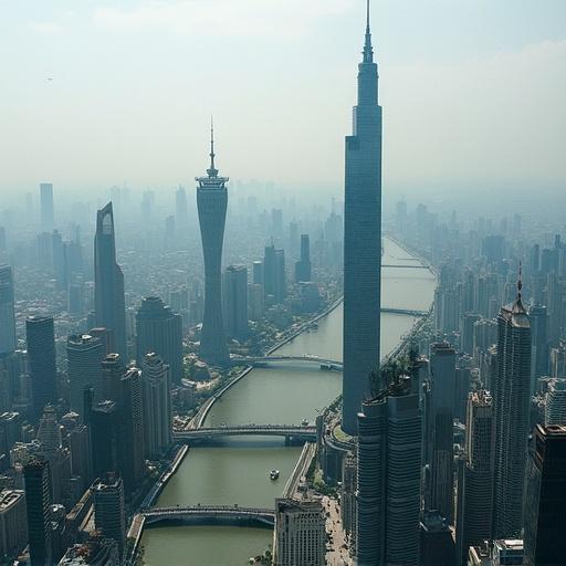Aerial view of Weiyang, a sprawling megacity. East side features modern skyscrapers. West side has historic zones. Huangpu River separates the areas. City has a population of over twenty million. Notorious for air pollution during spring.