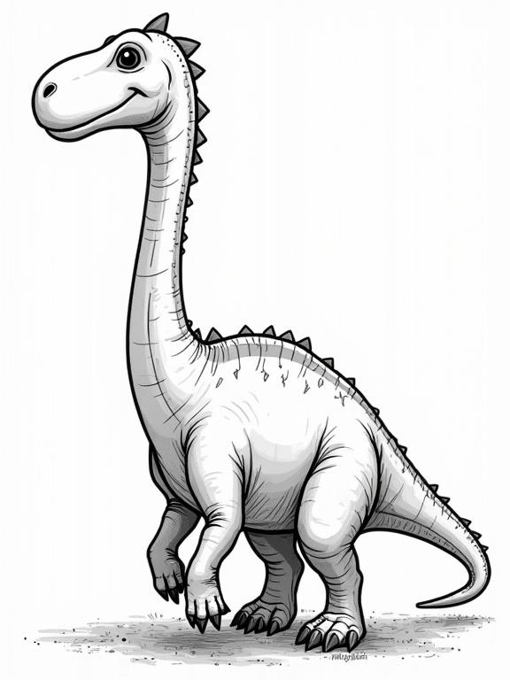 A Brachiosaurus designed for coloring. It has a cartoonish style and a friendly expression. The dinosaur stands on two legs with an upright posture and a long neck. Features a simple, clean design for coloring purposes.