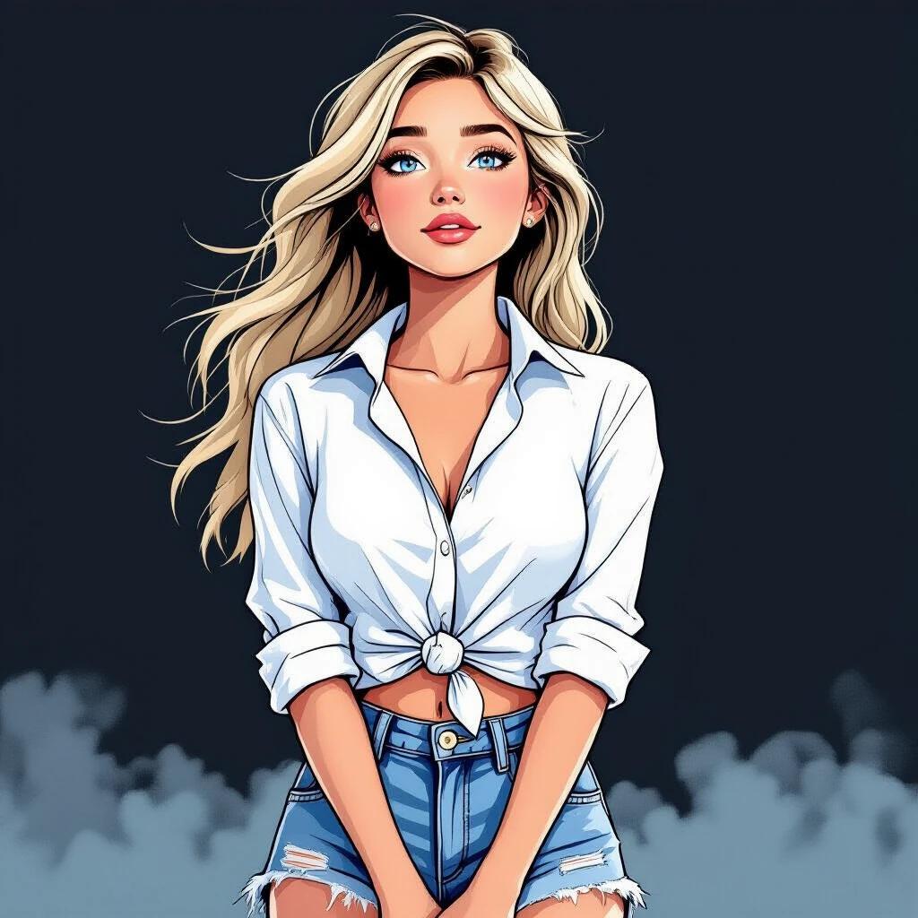 19 year old female character seen from the side with bright blue eyes. Long straw-blonde hair blowing in the wind. Wearing a white knotted shirt and ripped denim shorts. Hands clasped behind back. Slightly melancholic expression. Semi-realistic comic style with bold lines.