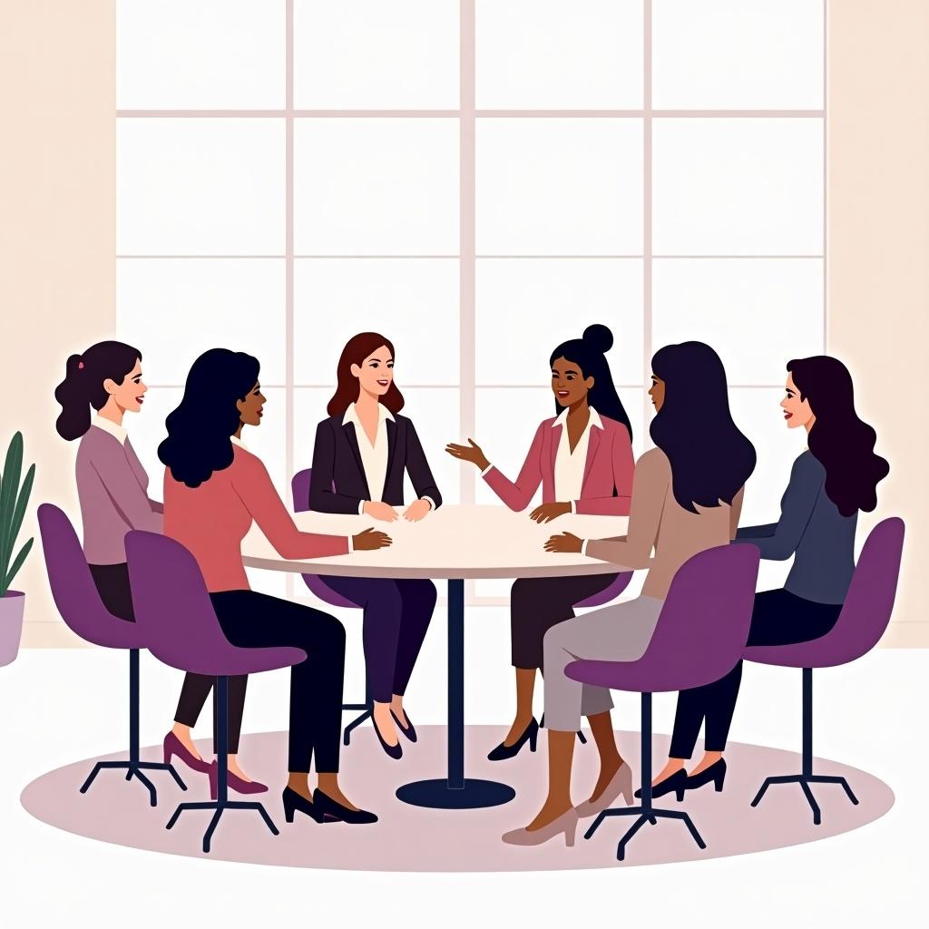 Illustrate a group of women sitting around a table in a discussion. Women of diverse appearances. Dressed in formal attire. Modern indoor space. Soft lighting and minimalistic décor. Active participation. Teamwork and learning. Color palette of soft purples, pinks, and neutrals.