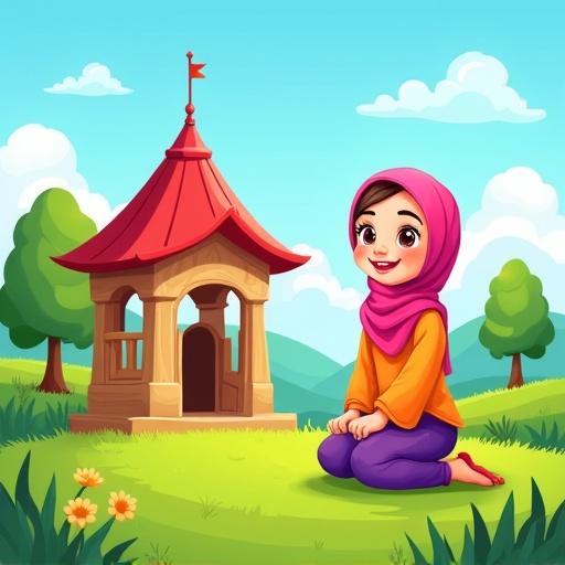 Cartoon-style children's book cover illustration. Smiling young girl with pink headscarf orange top purple pants kneeling on green grass sunny outdoor setting. Trees hills blue sky white clouds. Small wooden house with five large pillars red roof. Colorful cheerful playful style. Arabic-style elements. Layout for title addition. Vibrant friendly feel for Islamic values storybook for kids.