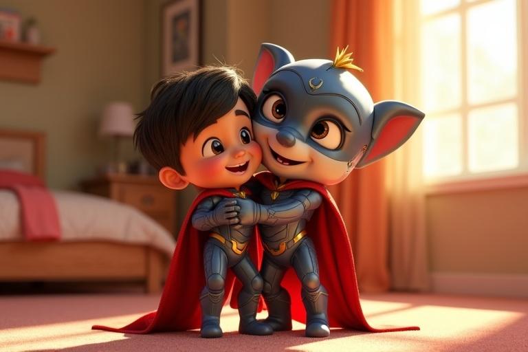 A 5-year-old boy hugs a character in a futuristic metallic outfit. The character has glowing eyes and looks excited. A superhero with a red cape smiles nearby. The setting is a sunny bedroom with warm colors.