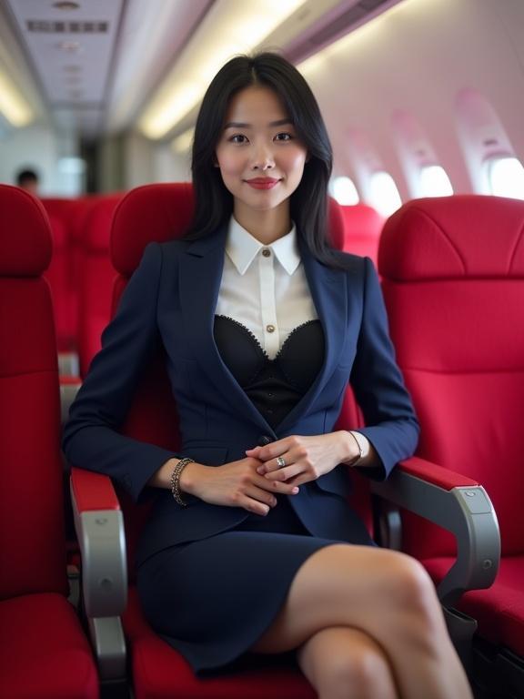 A young woman with black hair in a navy blue dress uniform sits in an airline seat. She wears a white blouse and black bra. The airplane interior has rows of red seats. The scene is clean and organized, with the attendant displaying confidence.