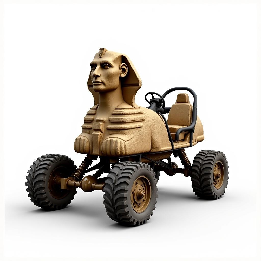 Hyper-realistic transformation of the Great Sphinx of Giza into a functional desert buggy. The sculpture retains its original weathered stone textures and iconic features. Desert buggy components integrated into the Sphinx's design. Rugged sand tires, sturdy roll cage, visible suspension, and ergonomic handlebars present. Wheels positioned at the sculpture's base. Roll cage and mechanical elements blend with the ancient stone structure. Elements appear natural yet functional. Bright white background accentuates craftsmanship and the juxtaposition of ancient history with modern engineering.