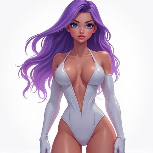 Create a sexy hero with a full body and tight white outfit. Character has blue eyes and purple hair.