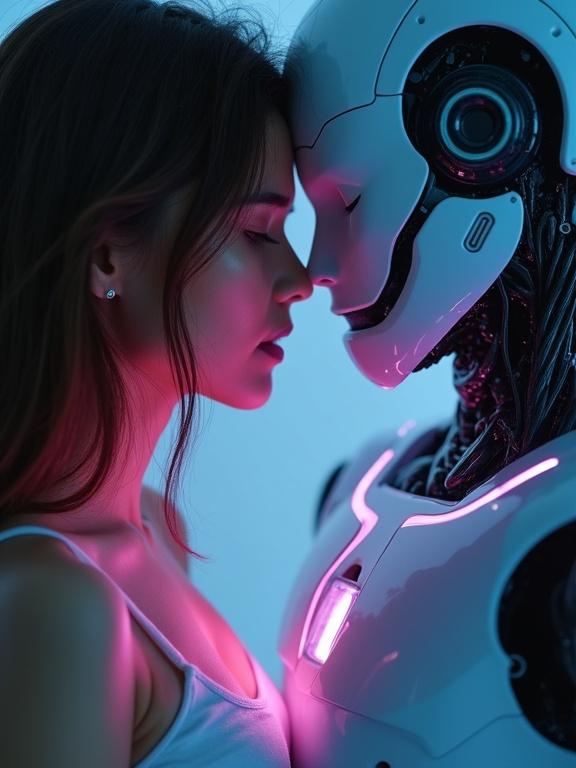 Tight crop of a girl leaning into an android's chest plate. Small lights glow beneath the synthetic skin. Condensation from her breath on metal. Edge lighting in violet and cyan. Subtle reflections. Deep skin detail. Romantic and soft theme. Art photography depicting connection between human and machine.