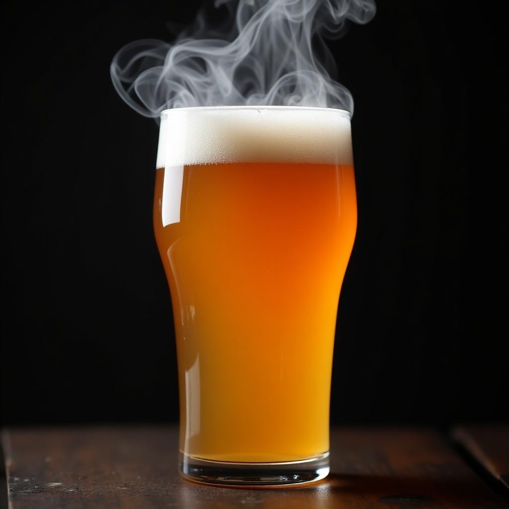 IPA beer presented in a glass with smoke rising from the foam.