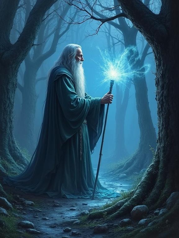 Chalk illustration of a wizard in a dark forest. The wizard, with a long beard, wears a flowing cloak. He stands near trees. A glowing blue light comes from his staff.
