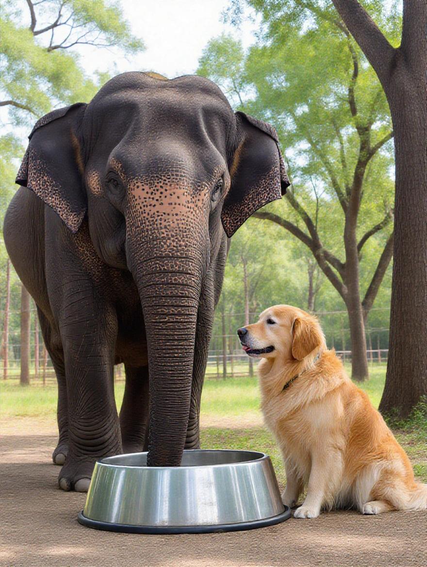 Large elephant and golden retriever eat from a metal feeding bowl together. Scene set outdoors in a sanctuary. Heartwarming and funny moment captured in photorealistic style.