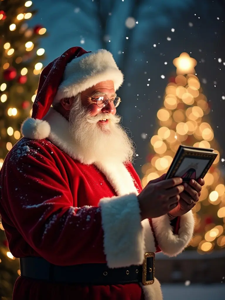 Santa Claus celebrates Christmas night in traditional red suit. Softly falling snow surrounds him. He holds a mini photo album. Background features twinkling fairy lights with illuminated Christmas trees. The scene evokes warmth and magic of holiday season.