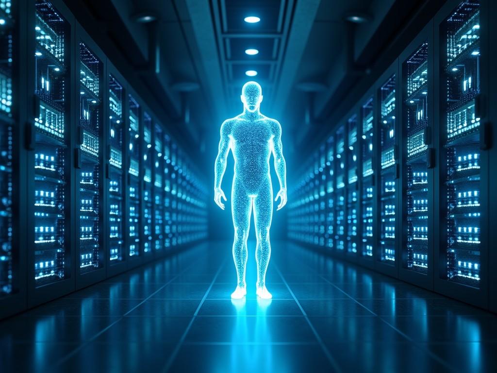 In this futuristic image, a glowing holographic figure stands confidently in the middle of a vast server room, surrounded by rows of servers emanating a cool blue light. The figure, reminiscent of a digital guardian or artificial intelligence, appears translucent yet distinctly human in form, suggesting a blend of human and technology. The overall ambiance is one of advanced technology and security.