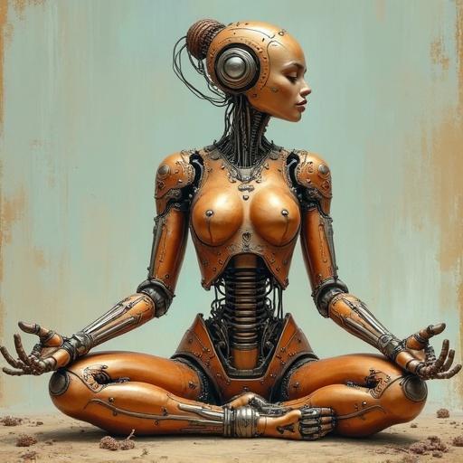 Highly detailed steampunk painting featuring a woman-robot with retro machinery form sitting in a yoga pose on the ground. The artwork showcases intricate details and textures that illustrate the fusion of steampunk and its environment.