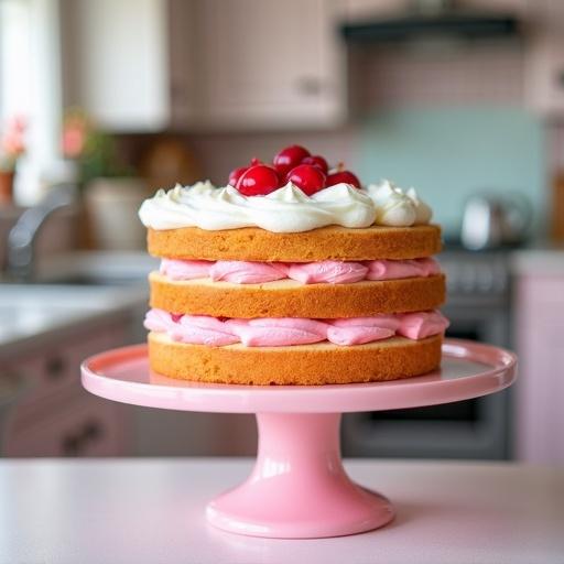 Three layer vanilla sponge cake filled with pink and white whipped frosting topped with cherries. Cake displayed on a pink cake stand in a retro pastel kitchen setting.