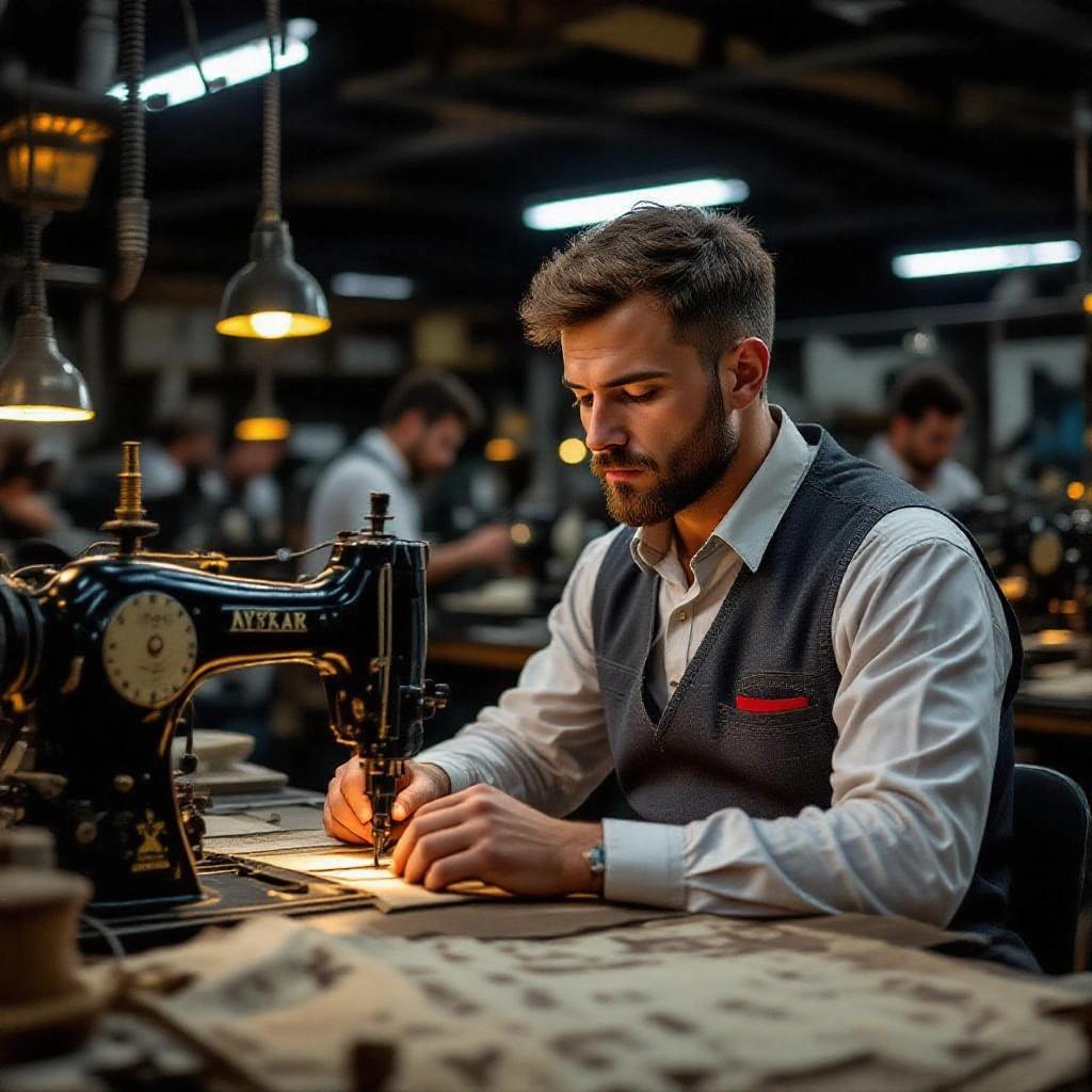 Man working on a vintage sewing machine in a textile factory. Focus on sewing and craftsmanship. Industrial setting with warm lighting and vintage decor.