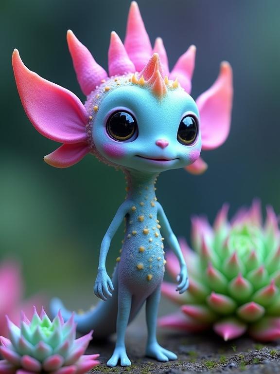 The image depicts a colorful, animated creature with alien features standing among succulent plants. The creature has a rounded head with a textured surface transitioning from pale blue to deeper shades. It is adorned with pink, succulent-like crowns and wing-like extensions. The eyes are glossy and large, and its body is slender with colorful bumps. It stands on thin legs and blends with surrounding greenery.