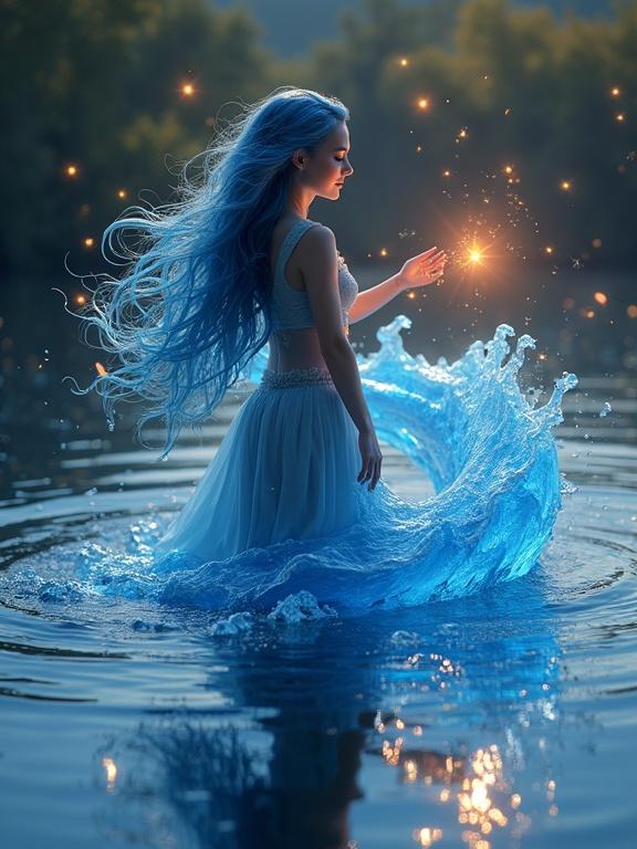 A 3D render of a dancer with translucent flowing hair. The hair is pool-like and swirls into a blue whirlpool. Fireflies made of glowing air bubbles surround her smile. Her shadow becomes a storm-serpent silhouette. The scene has warm twilight colors over tranquil waters and mystical creatures.