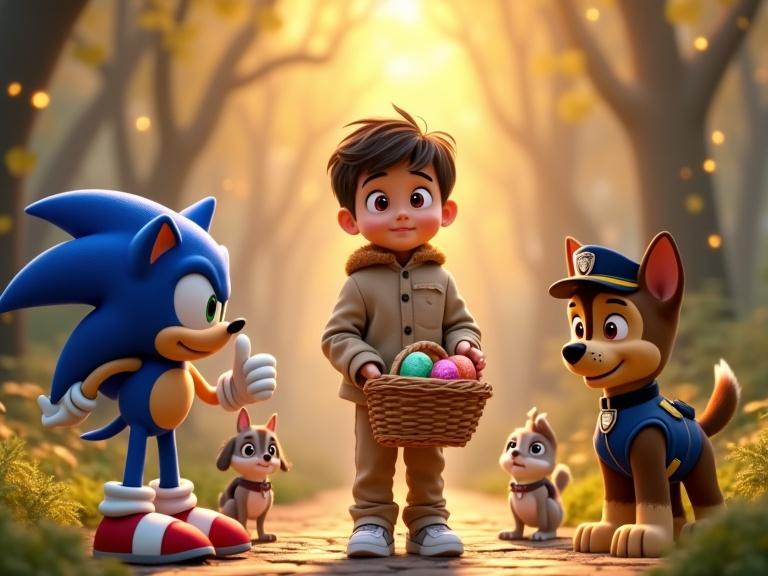 Thoughtful young boy in a magical forest. He holds a basket of colorful candies. Sonic the Hedgehog gives a thumbs-up. Chase from Paw Patrol salutes. Woodland creatures gather around. Trees sway gently. Fireflies float in the air. Warm golden lighting enhances the moment. Joyful yet bittersweet scene.
