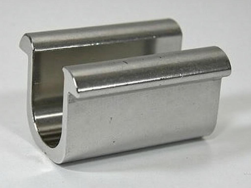 Thumbnail image of a stainless steel idler part. The part has a u-shaped opening and is polished. Ideal for product representation in a catalog or website.