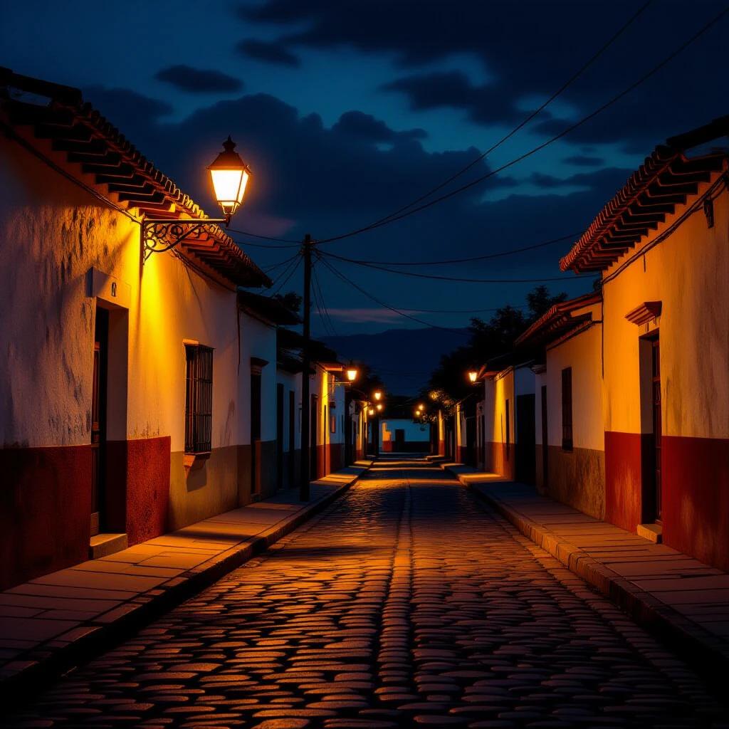 Tilted angle captures a corner on a rural Mexican street at night. Dim streetlights cast warm light. Features rustic houses with textured walls and a cobblestone road. Deep shadows enhance the scene. Cinematic lighting creates a realistic style with high detail.
