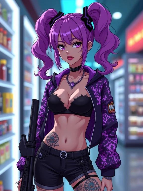 A woman stands confidently in a modern convenience store. She has vibrant purple curly pigtails and captivating amethyst purple eyes. Wearing edgy streetwear with tattoos on her skin. She holds a futuristic gun, exuding power and elegance. The scene is colorful and reflects a contemporary yet fantasy vibe.