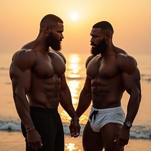Two extremely muscular male bodybuilders from the Ivory Coast with defined muscles stand on a beach at sunset. They hold hands and share an intense kiss. Their bodies glisten with sweat. They have strong beards and body hair.