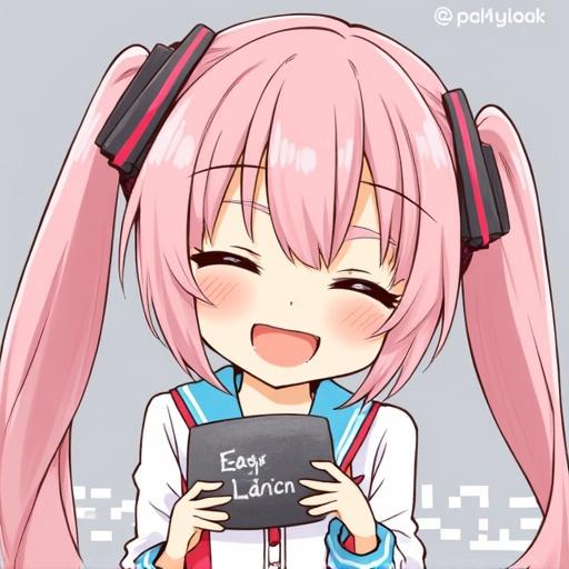 Anime style character with pink hair and headphones smiling joyfully while holding a sign.