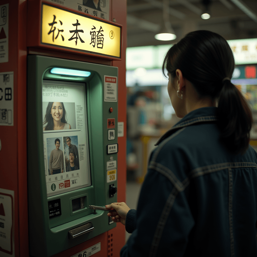 A woman uses a vending machine with digital displays of various products.